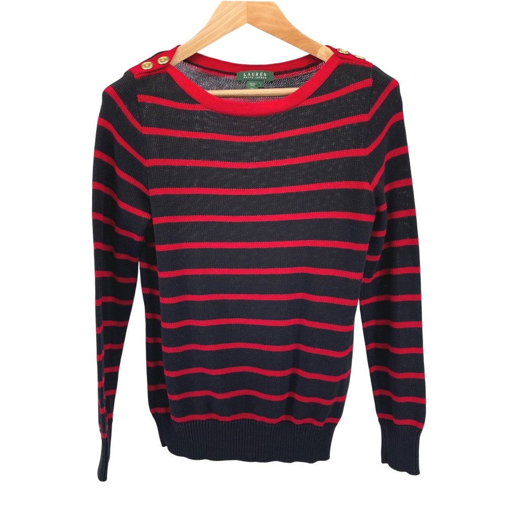 Lauren Ralph Lauren Black Red Stripe Mercerized Cotton Button Boatneck Sweater L